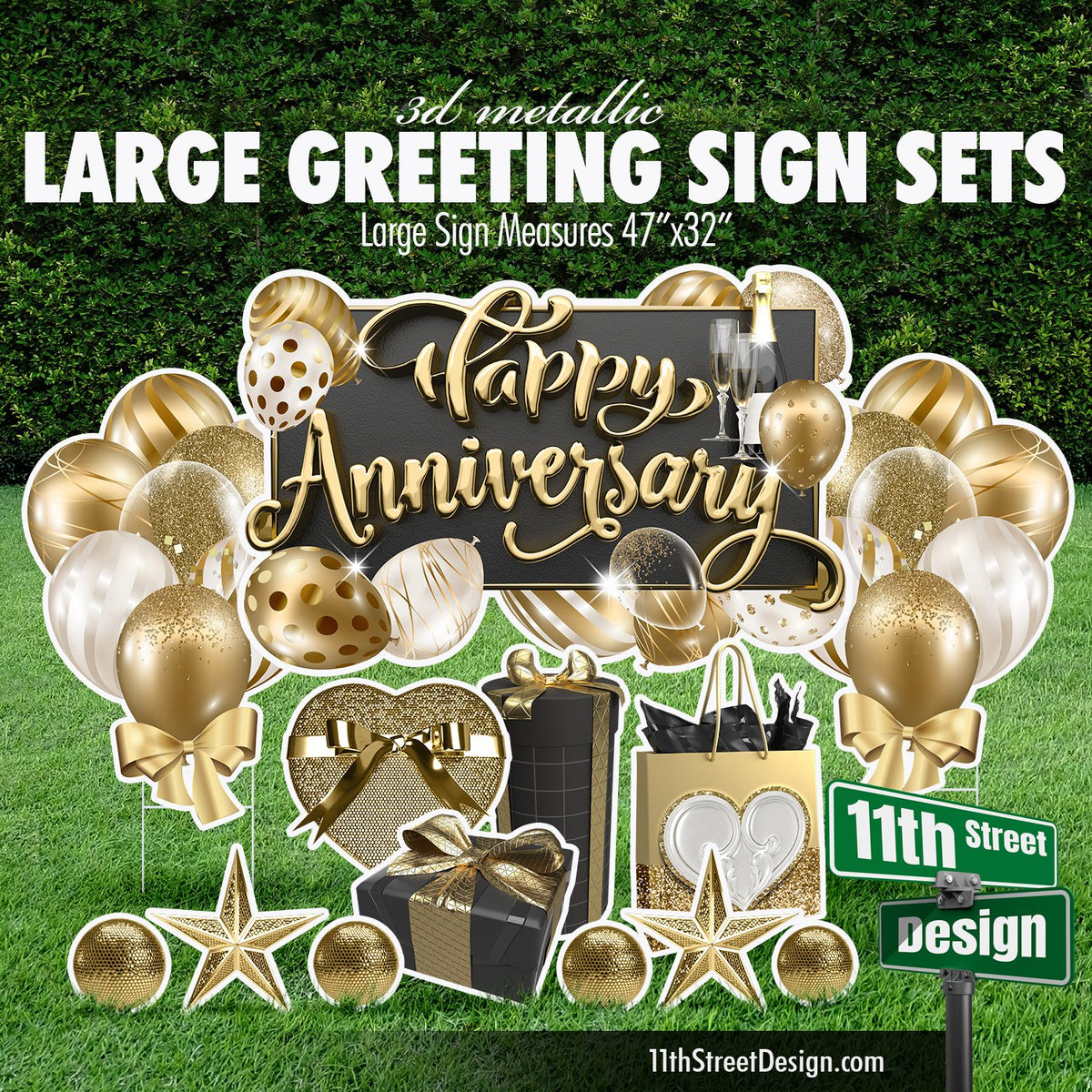 3D Metallic Anniversary Large Greeting Sign Set - Gold