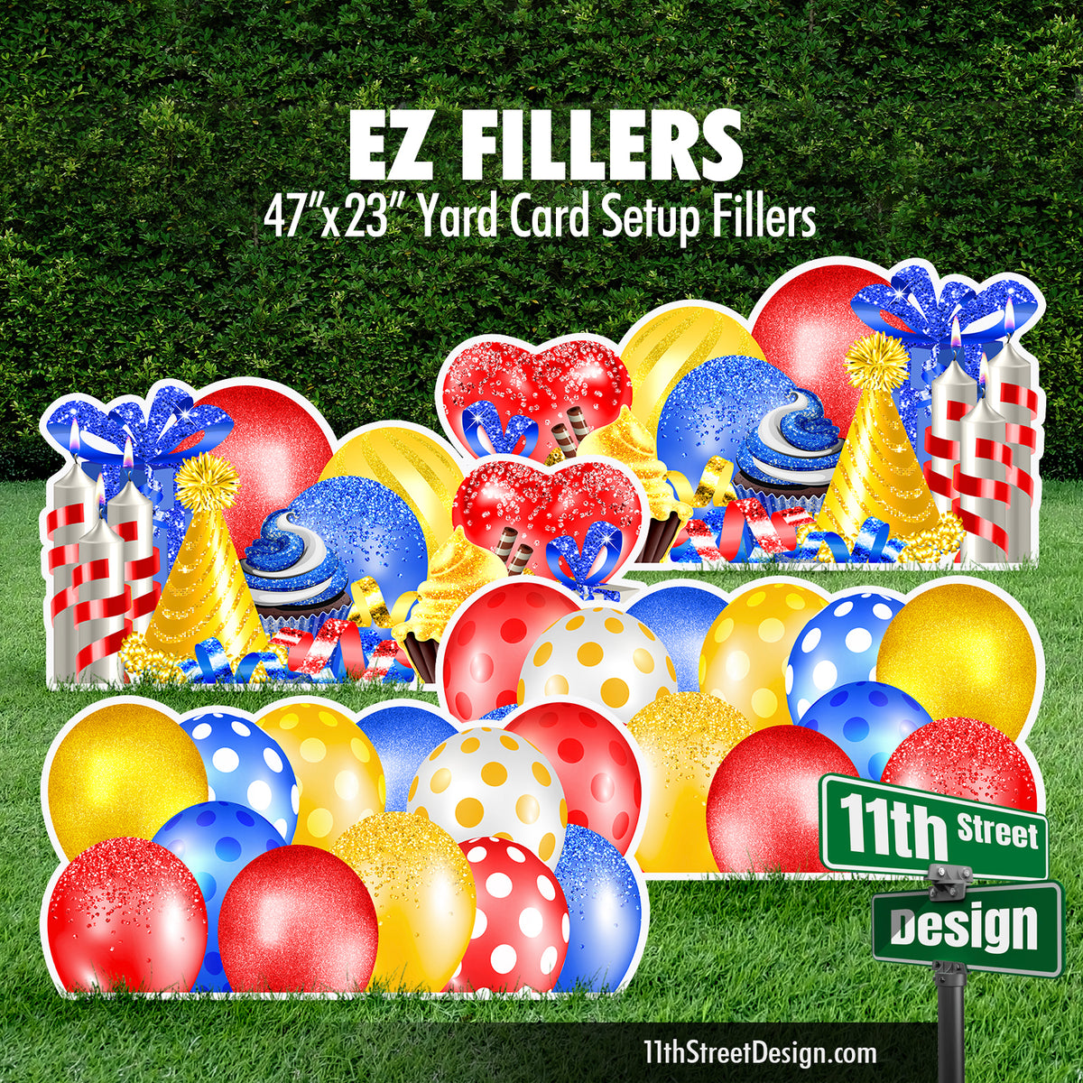 Mirrored EZ Filler Balloons &amp; Flair Panels - Blue, Red, Yellow Celebration Flair