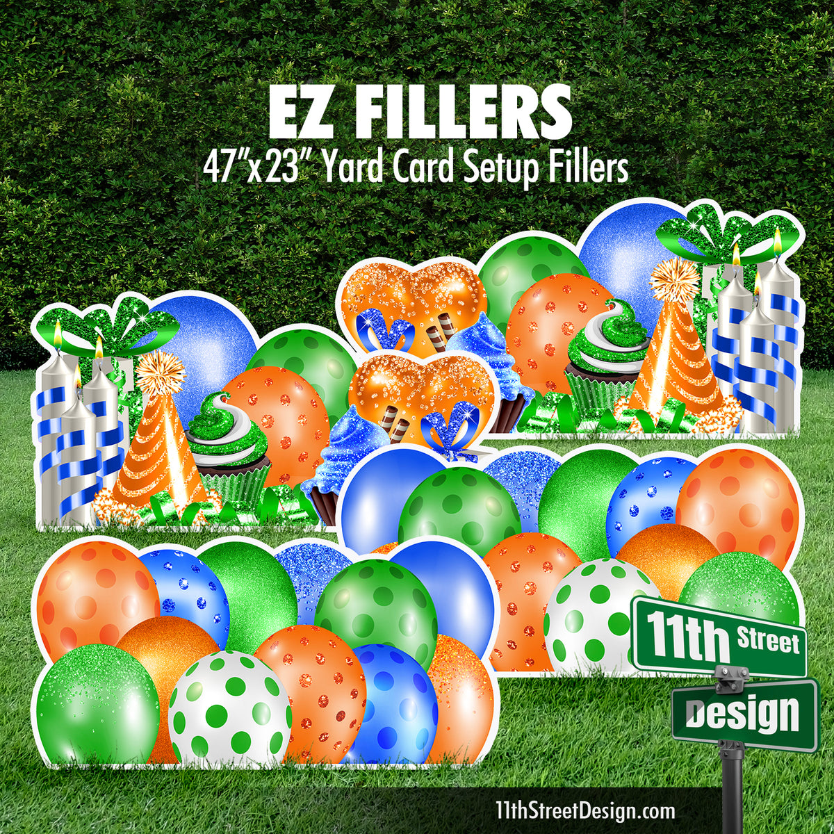 Mirrored EZ Filler Balloons &amp; Flair Panels - Green, Blue, Orange Celebration Flair