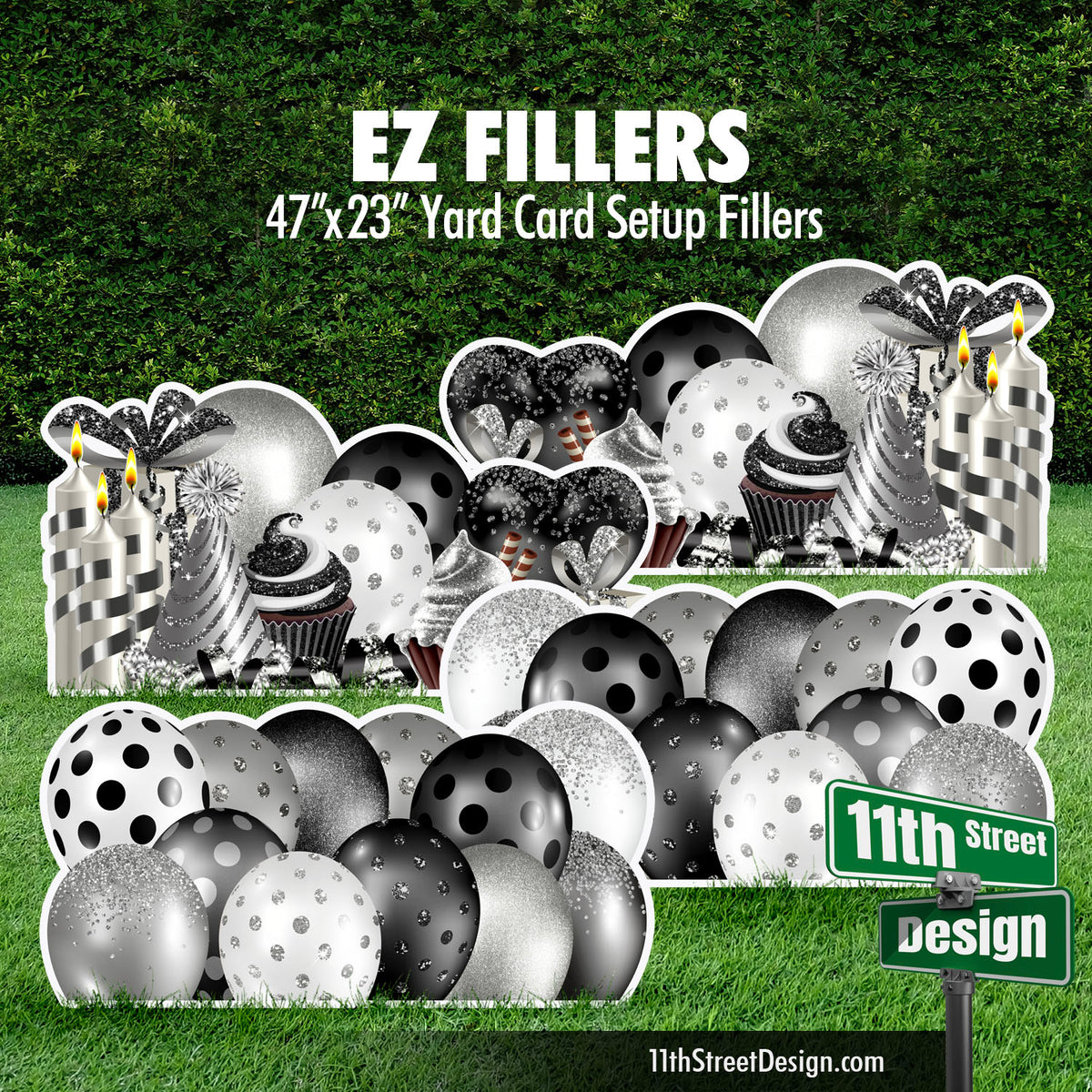 Mirrored EZ Filler Balloons &amp; Flair Panels - Black &amp; Silver Celebration Flair