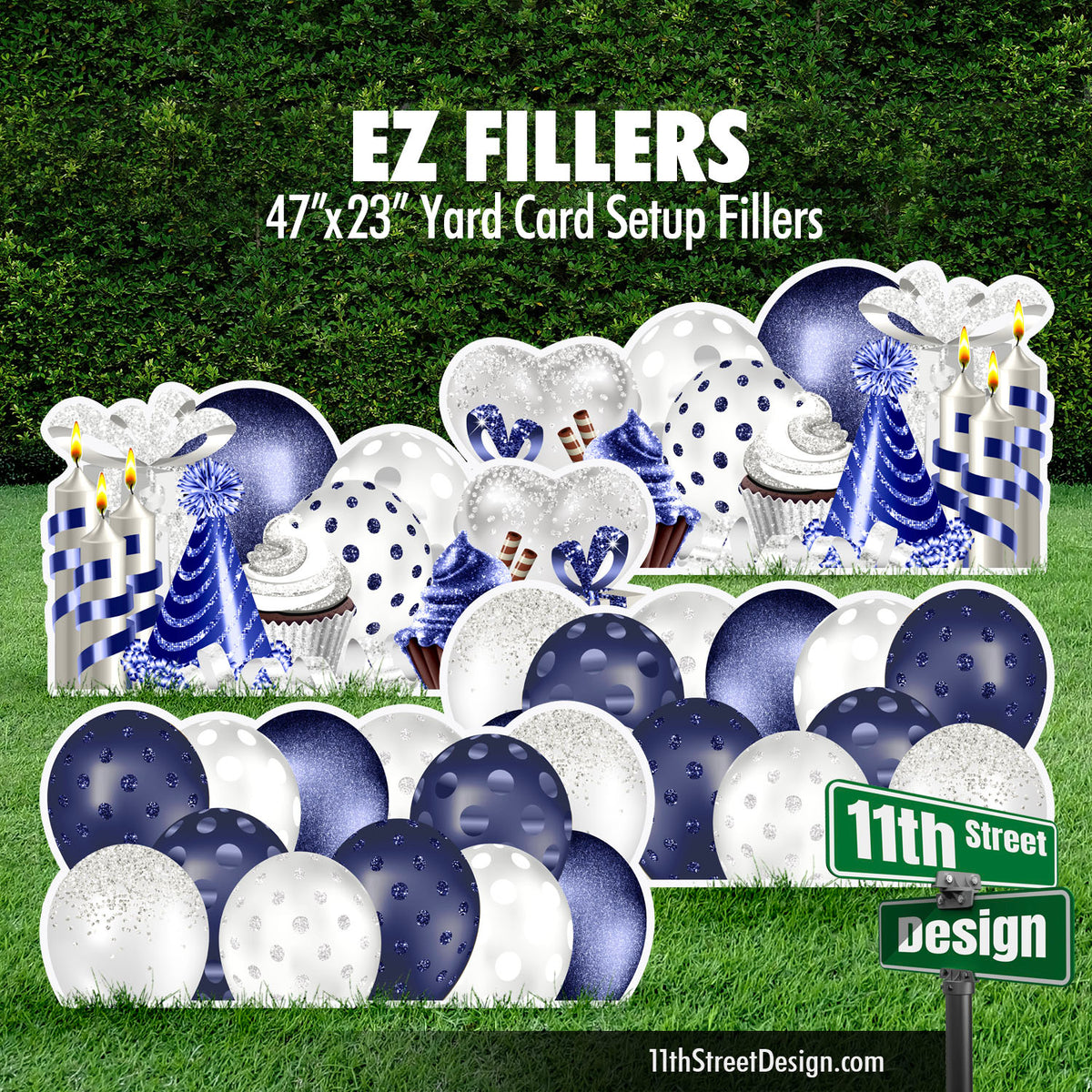Mirrored EZ Filler Balloons &amp; Flair Panels - White &amp; Navy Celebration Flair