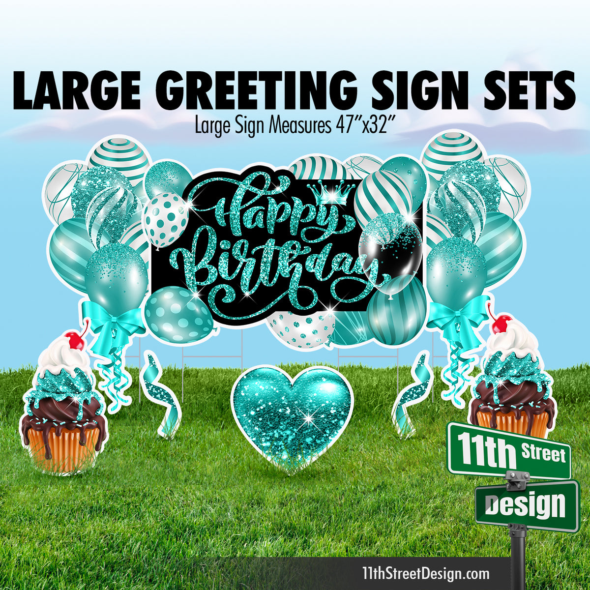 Happy Birthday Large Greeting Sign Flair Set - Teal