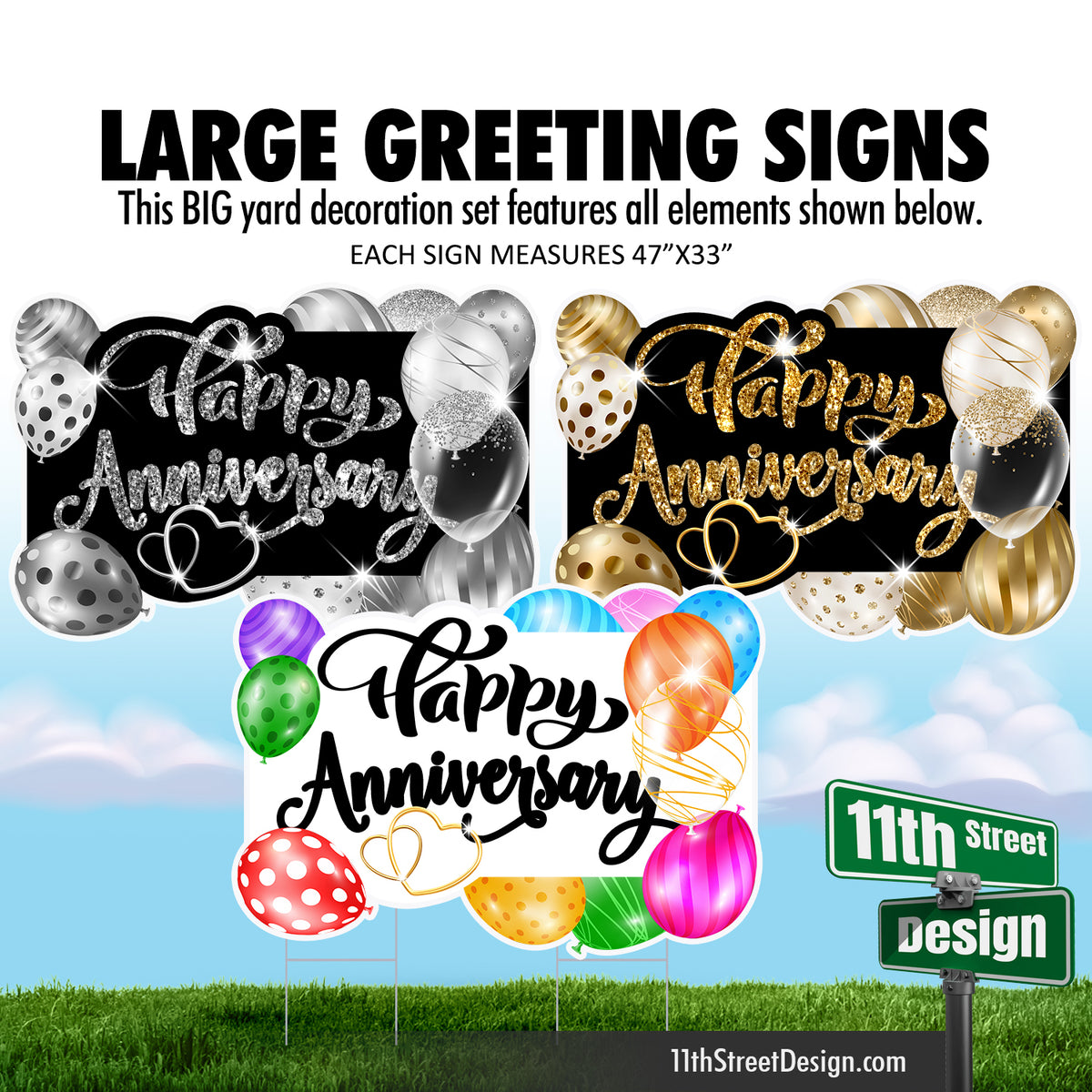 Anniversary Large Greeting Signs - Balloons Gold, Silver &amp; Multi Color
