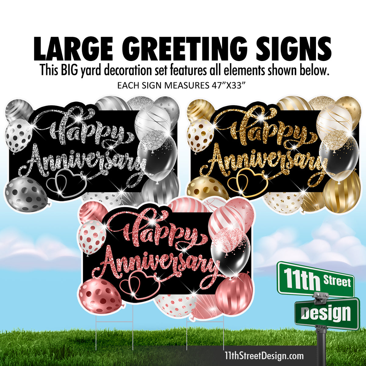 Anniversary Large Greeting Signs - Balloons Gold, Silver &amp; Rose Gold