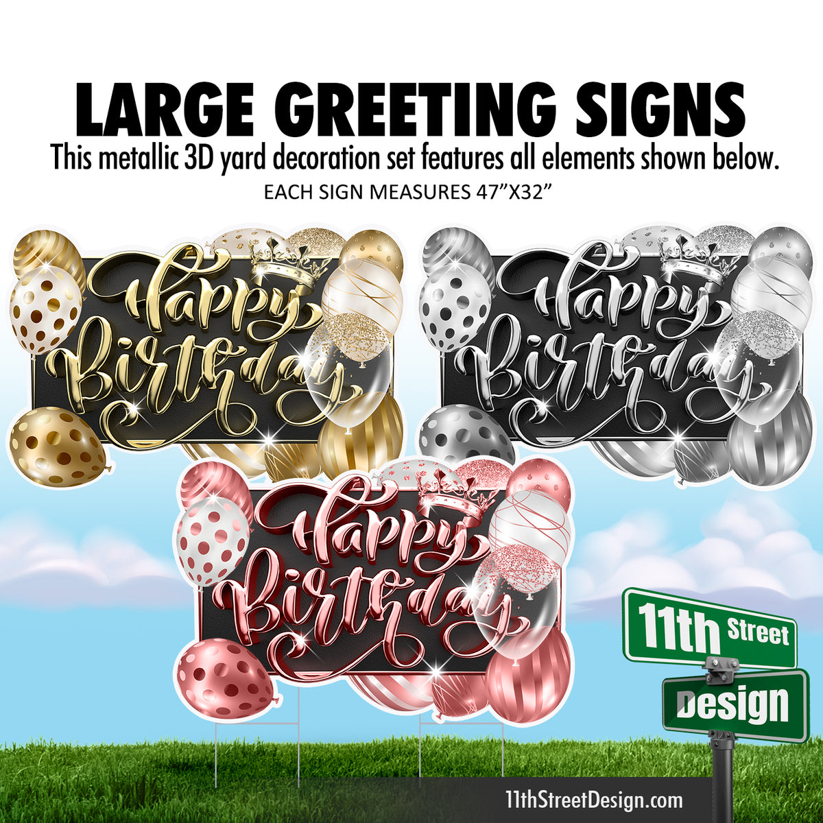 3D Metallic Happy Birthday Large Greeting Signs - Gold, Silver &amp; Rose Gold