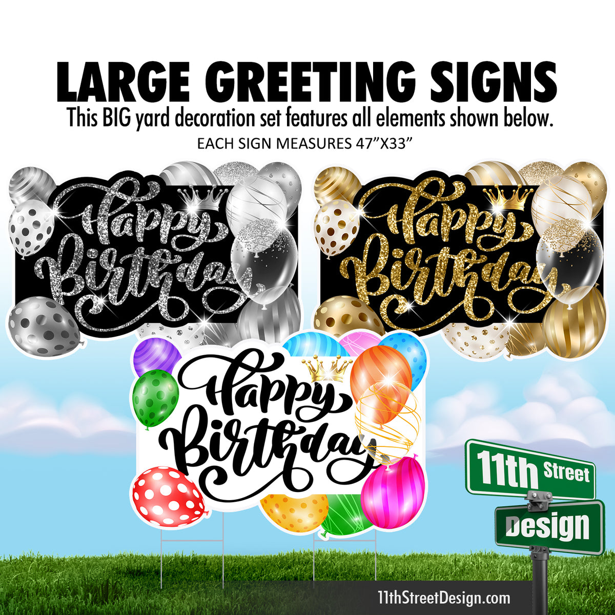 Happy Birthday Large Greeting Signs - Balloons Gold, Silver &amp; Multi Color