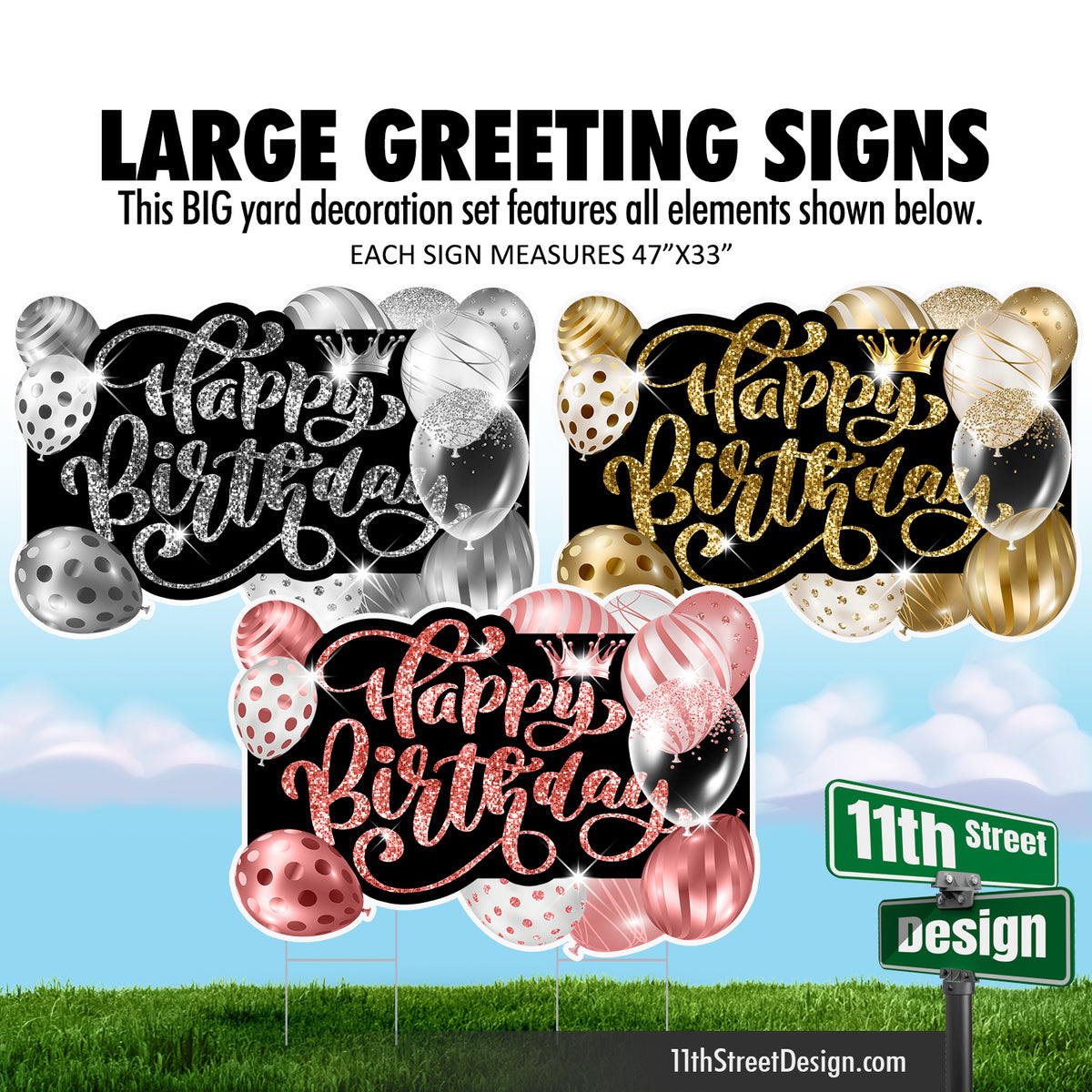 Happy Birthday Large Greeting Signs - Balloons Gold, Silver &amp; Rose Gold