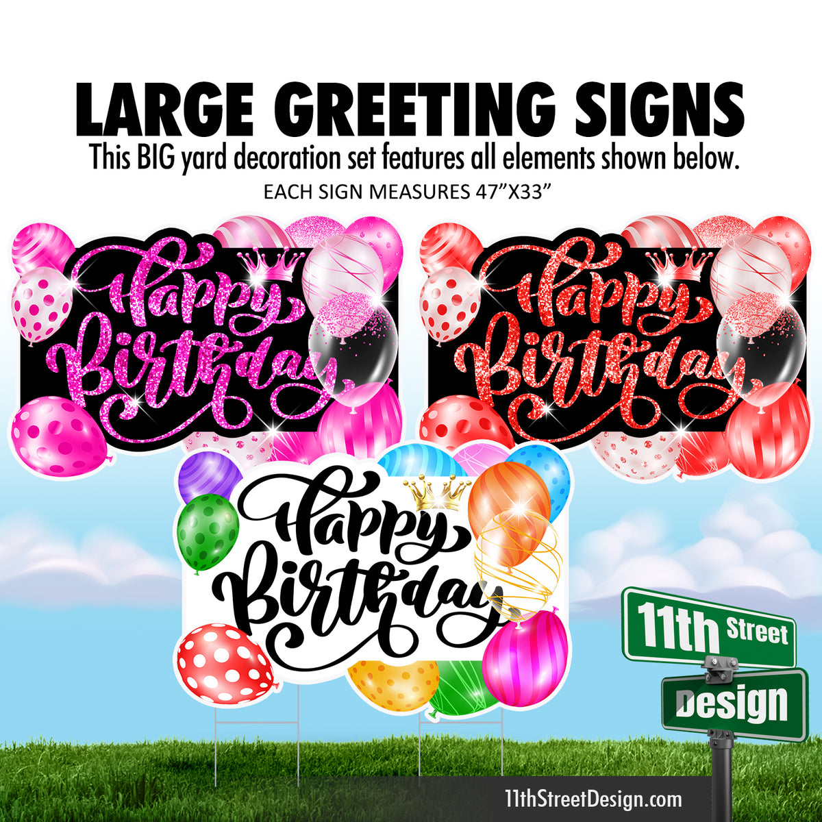 Happy Birthday Large Greeting Signs - Balloons Hot Pink, Red &amp; Multi Color