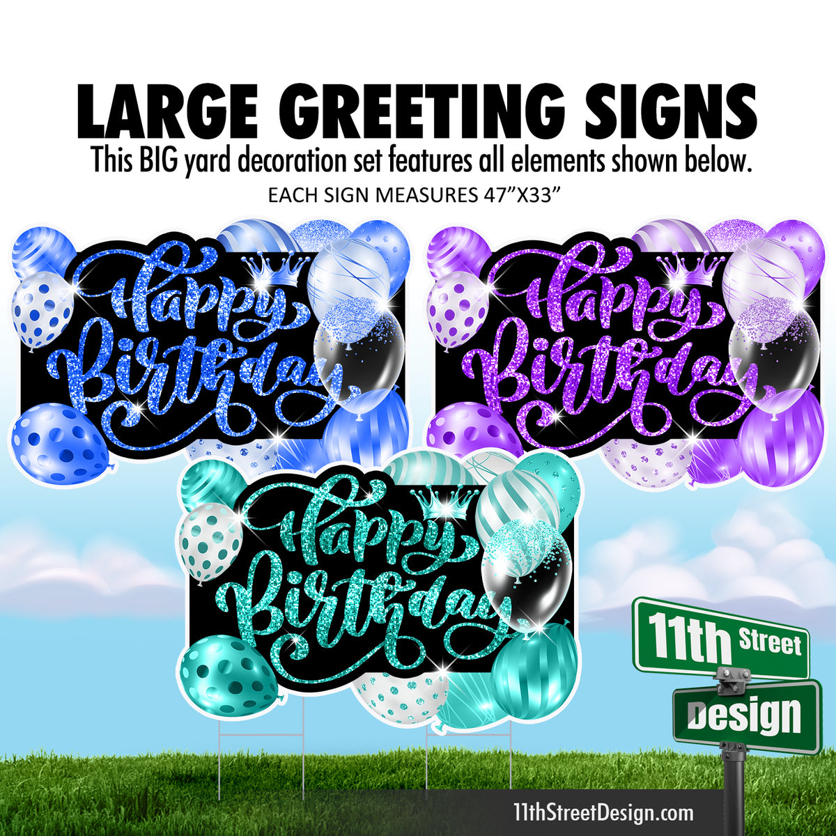 Happy Birthday Large Greeting Signs - Balloons Teal, Purple &amp; Blue