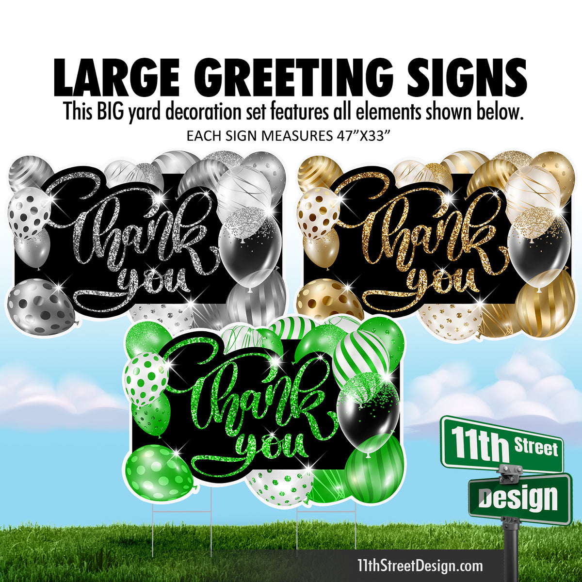 Thank You Large Greeting Signs - Gold, Silver &amp; Green