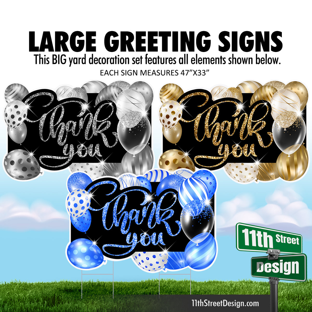 Thank You Large Greeting Signs - Gold, Silver &amp; Blue