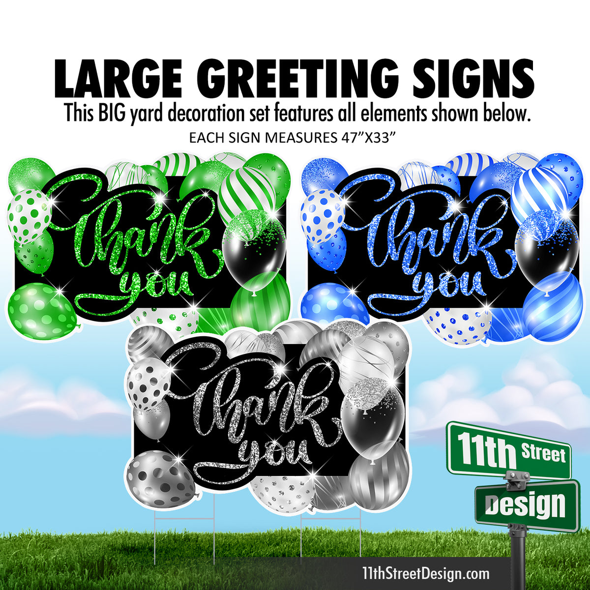 Thank You Large Greeting Signs - Silver, Blue &amp; Green