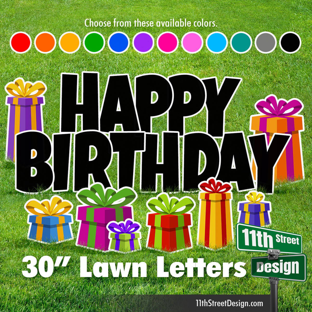 30” Solid Happy Birthday Yard Cards with Colorful Presents Set