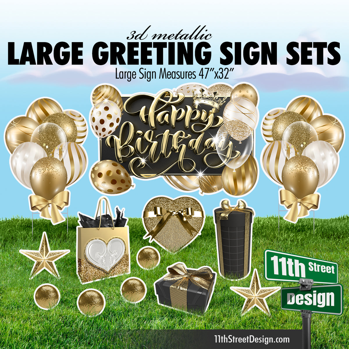 3D Metallic Happy Birthday Large Greeting Sign Set - Gold