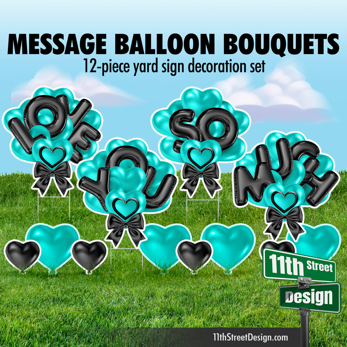 Love You So Much Balloon Bouquet - Teal &amp; Black