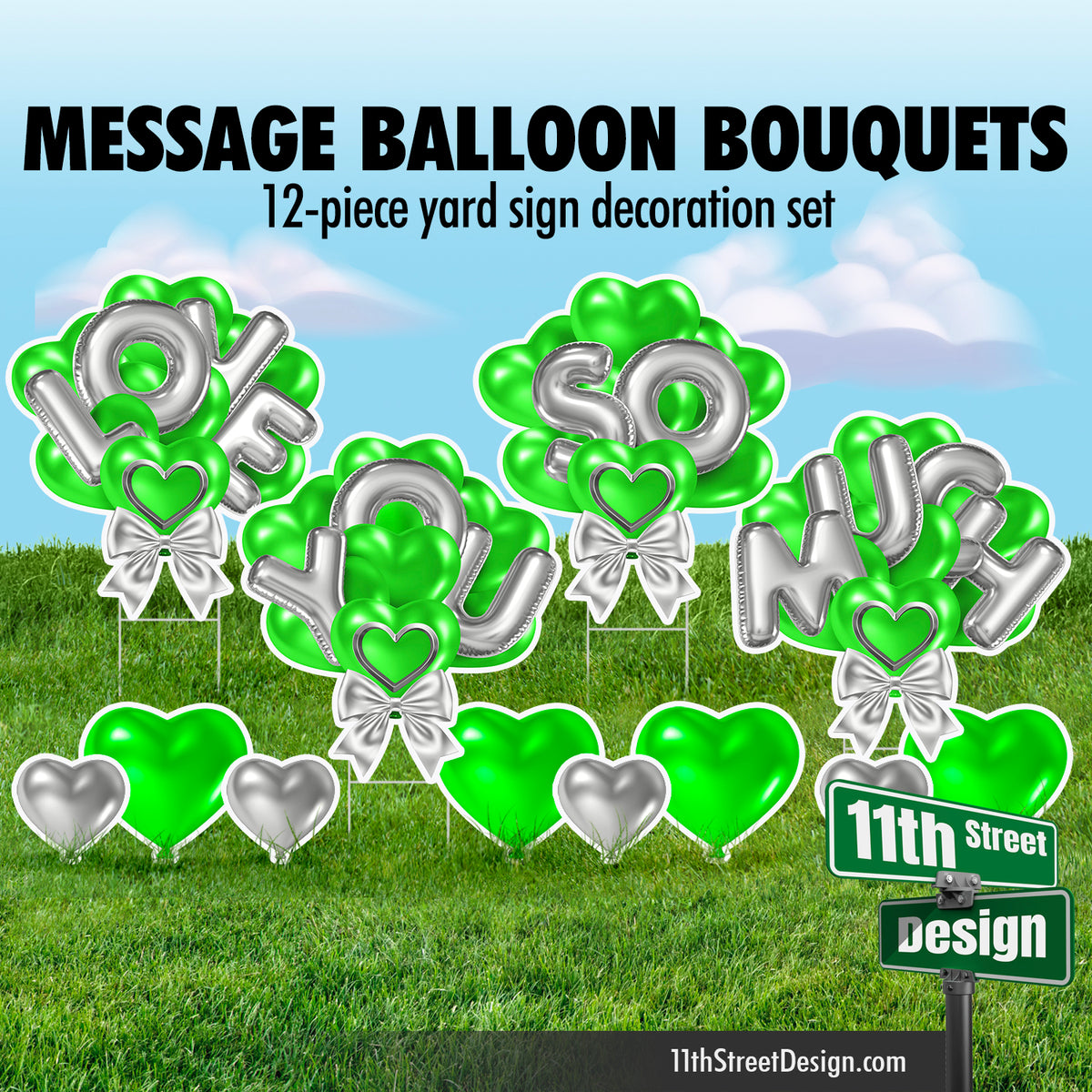 Love You So Much Balloon Bouquet - Green &amp; Silver