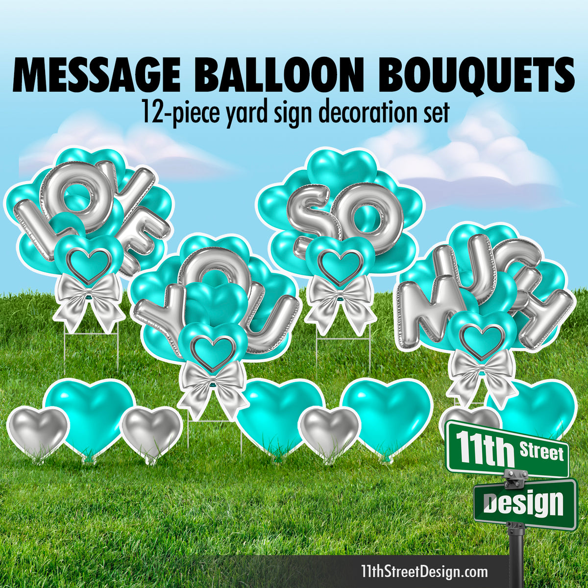 Love You So Much Balloon Bouquet - Teal &amp; Silver