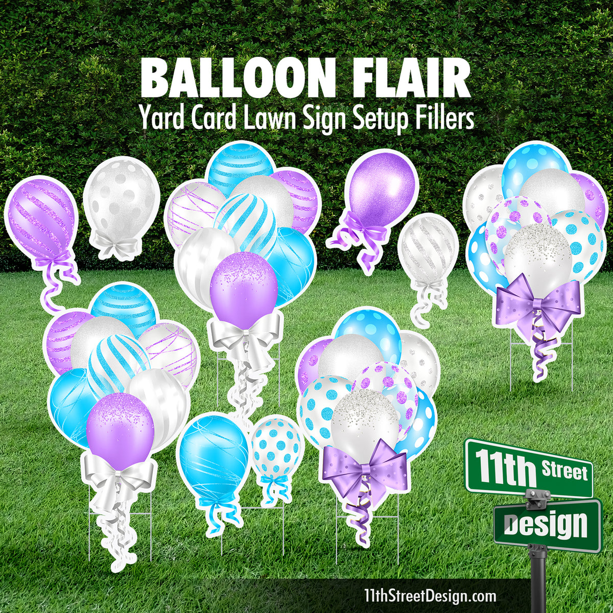 Lavender, Baby Blue &amp; White Balloon Bouquet Set - Yard Card Setup Fillers