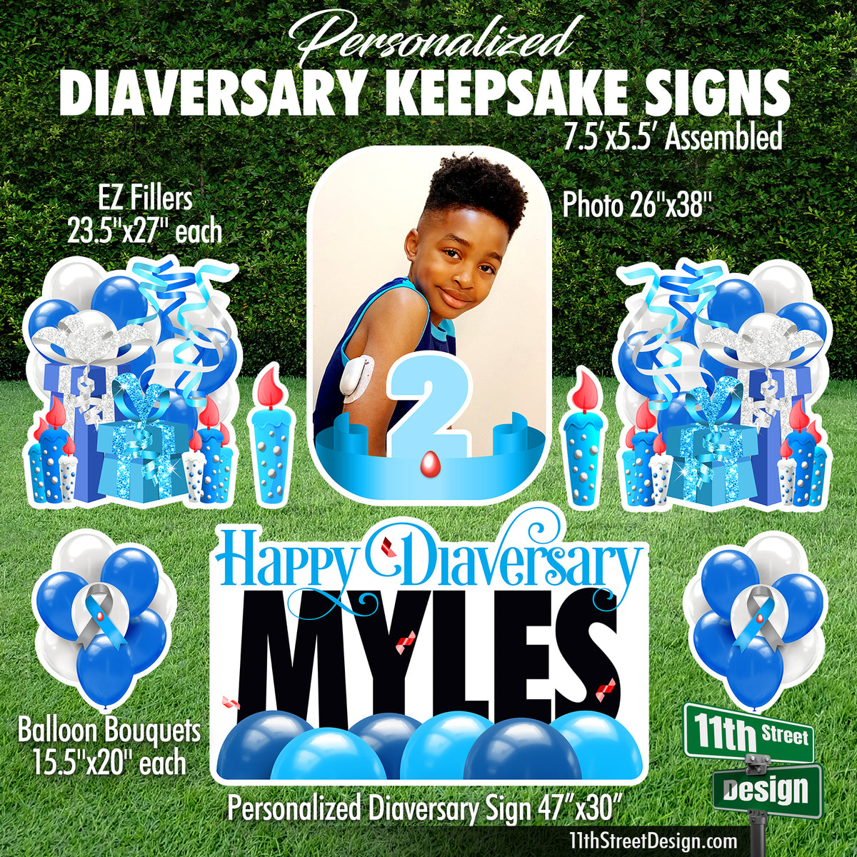 Personalized Happy Diaversary Photo Lawn Signs For a T1D Anniversary, Weatherproof for outside displays