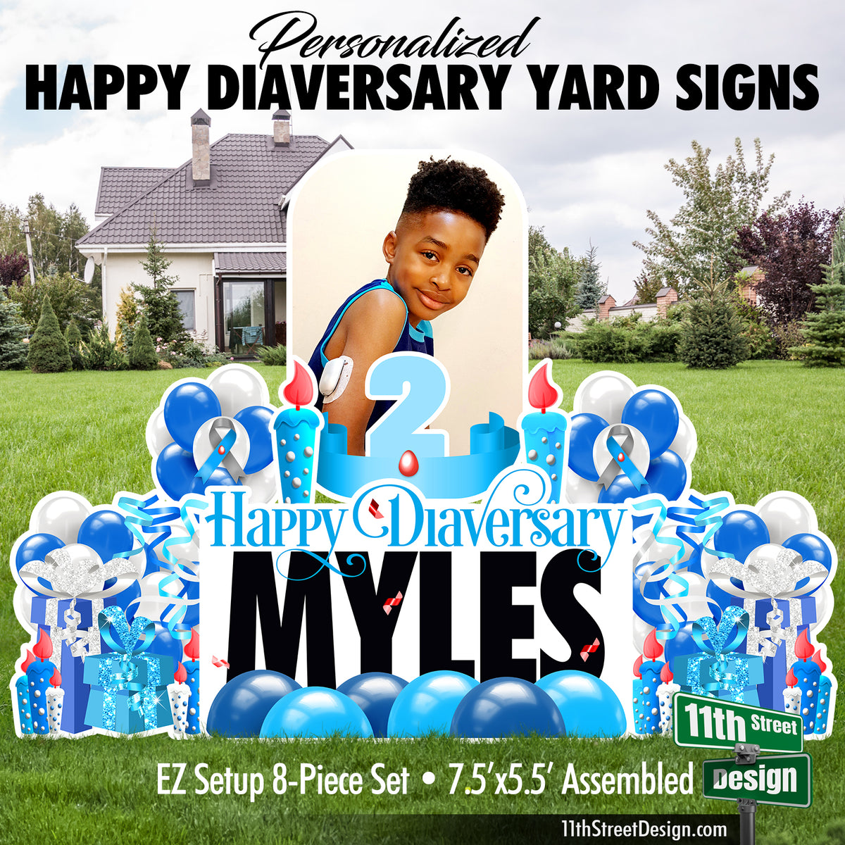 Personalized Happy Diaversary Photo Lawn Signs For a T1D Anniversary, Weatherproof for outside displays