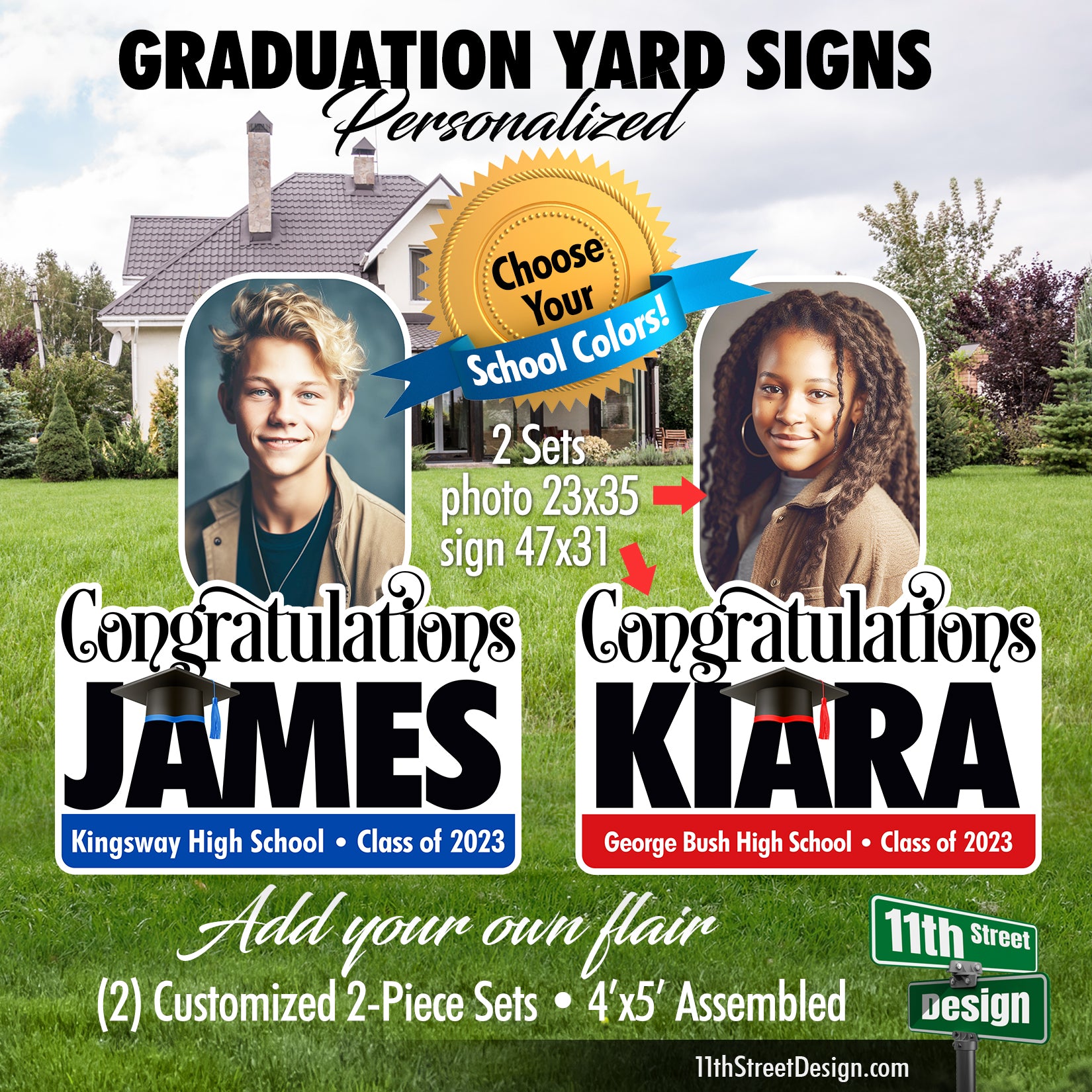 personalized graduation yard cards, photo graduation yard signs, custom graduation yard decor, personalized graduation lawn signs