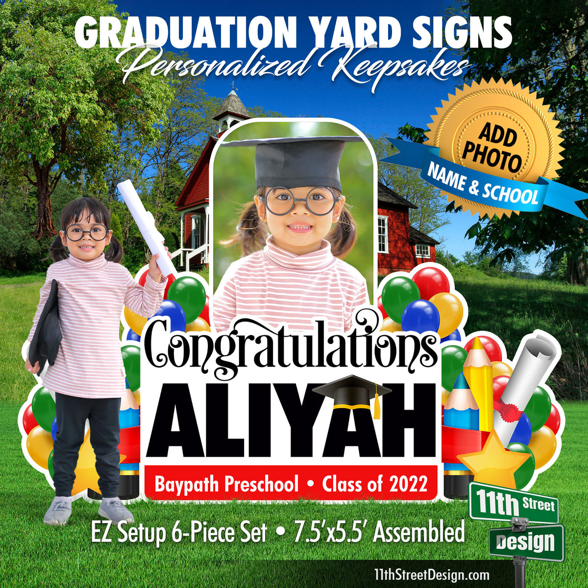 Personalized Preschool &amp; Kindergarten Graduation Lawn Sign Decorations, Yard Card Keepsake With Photo