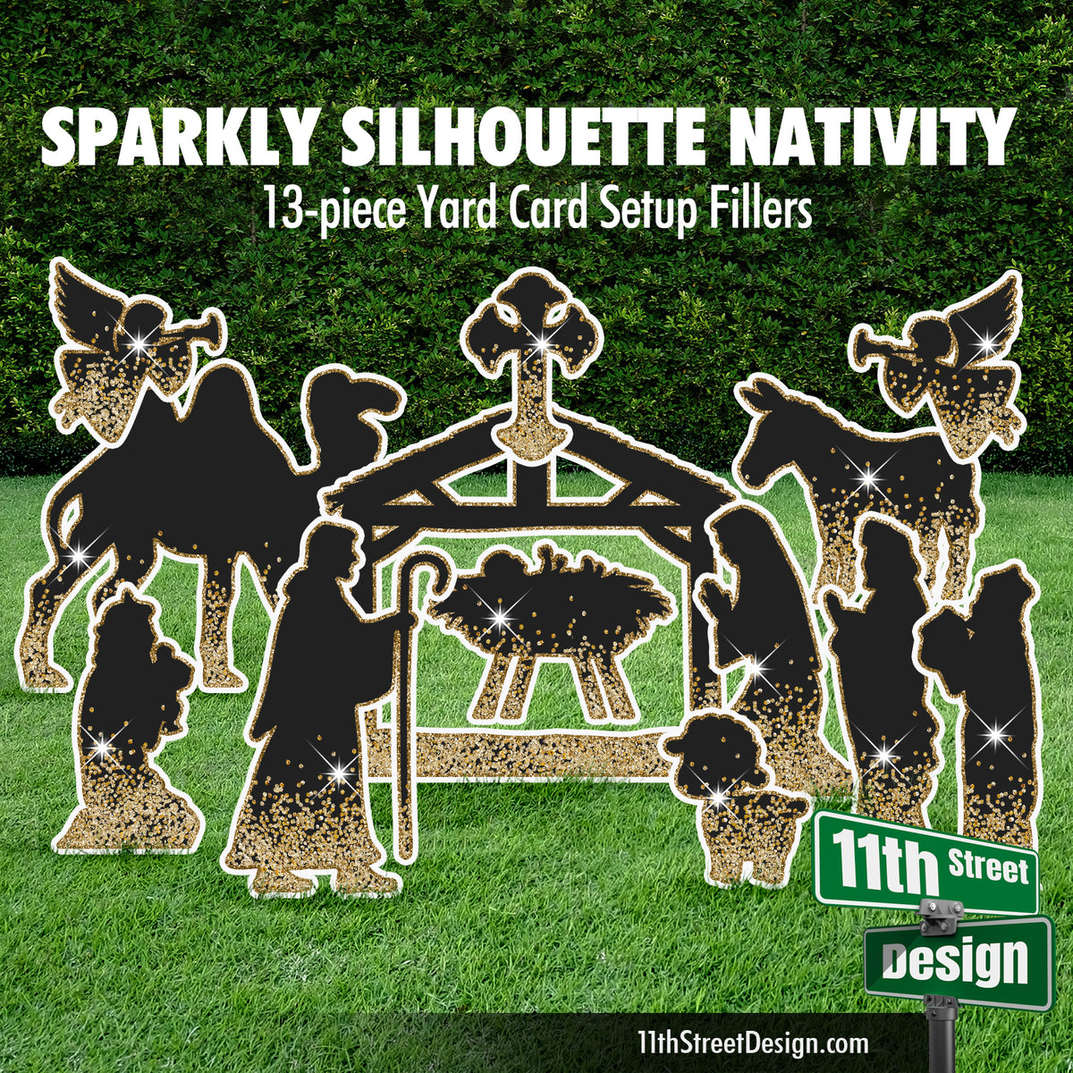 Sparkly Silhouette Nativity Scene Christmas Yard Card Set Gold Black