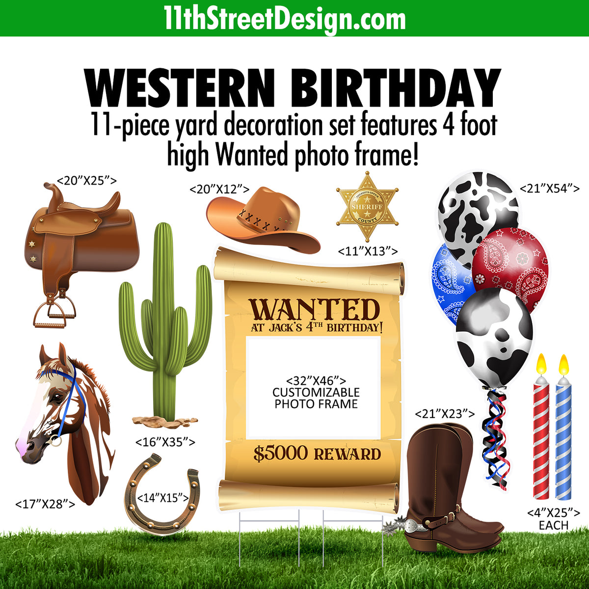 Personalized Western Cowboy Theme Birthday Party Decorations, Yard Card Lawn Signs With Photo Frame