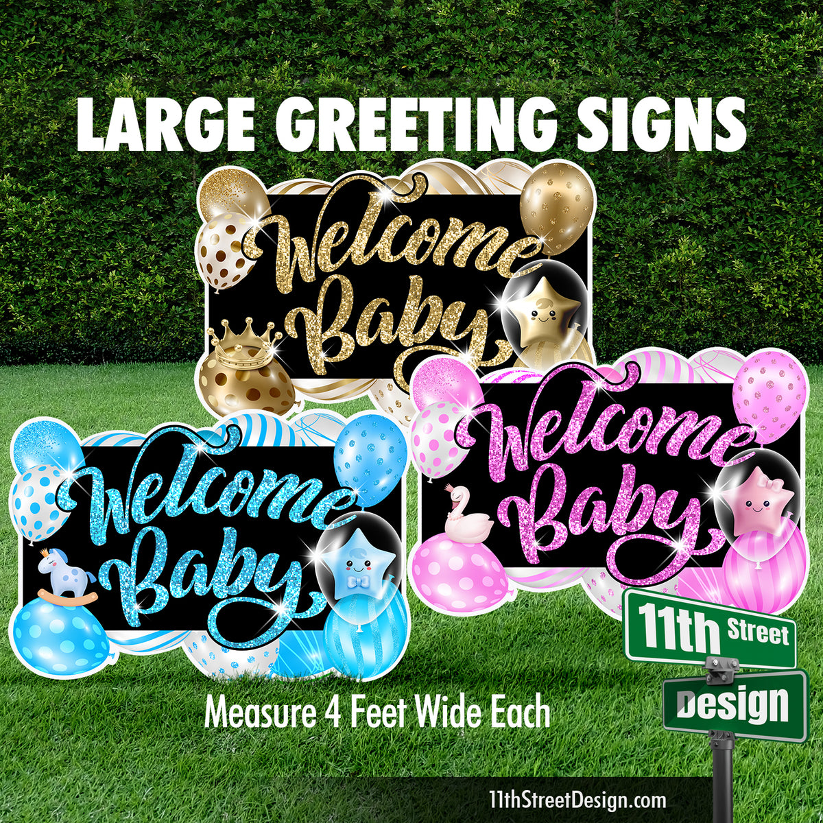 Welcome Baby Large Greeting Signs - Balloons Baby Blue, Pink &amp; Gold
