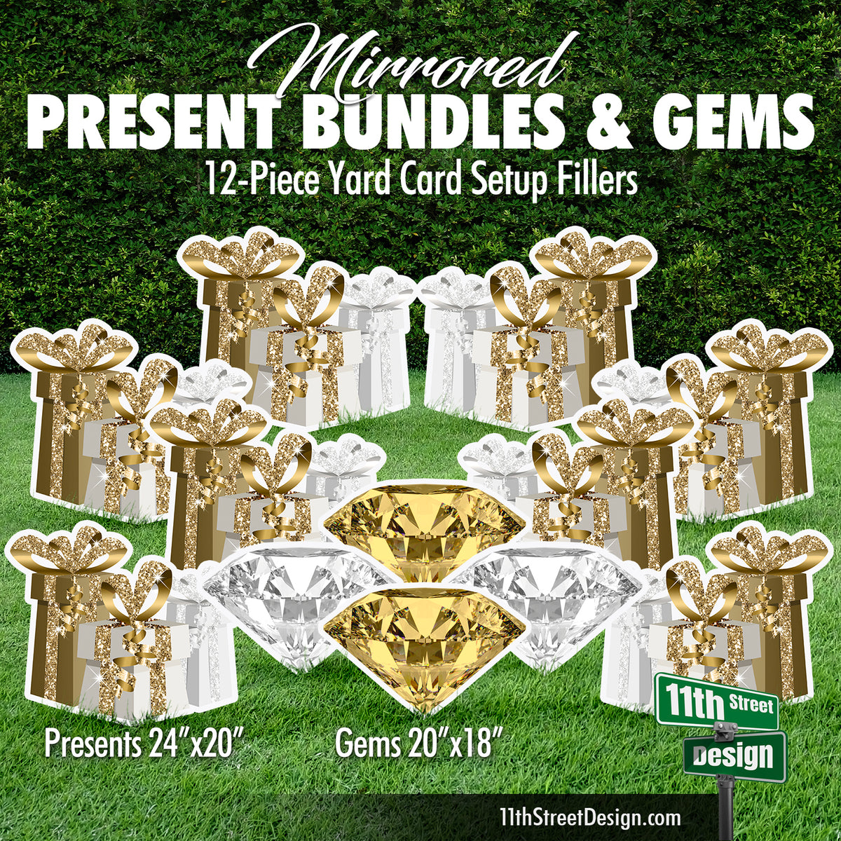 Gold &amp; White Present Bundles and Gems - Mirrored Yard Card Setup Fillers