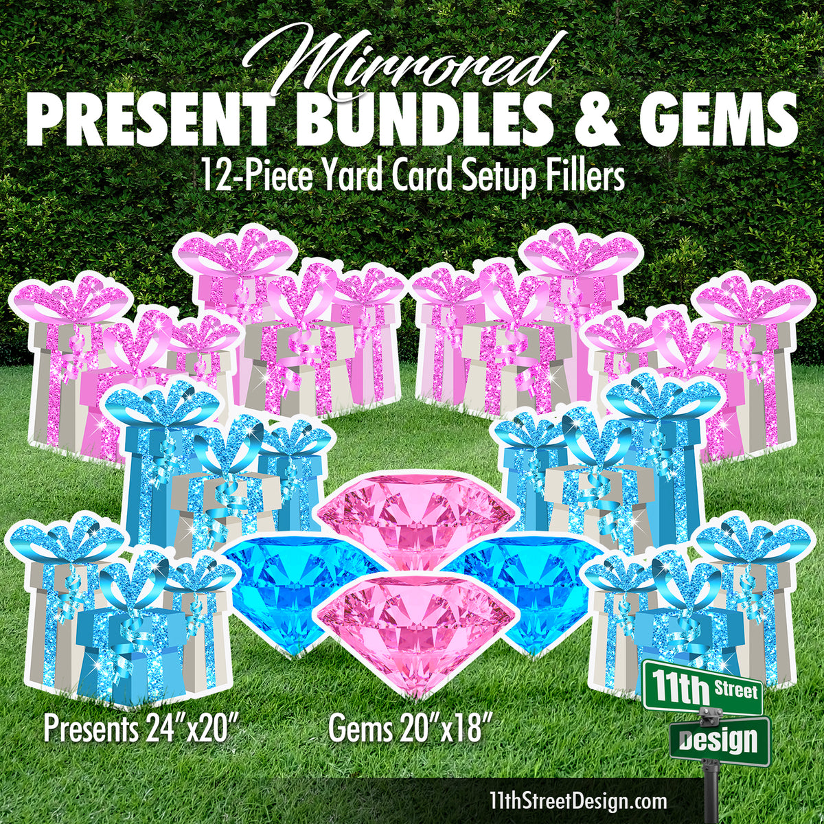 Pink Baby Blue Present Bundles and Gems - Mirrored Yard Card Setup Fillers
