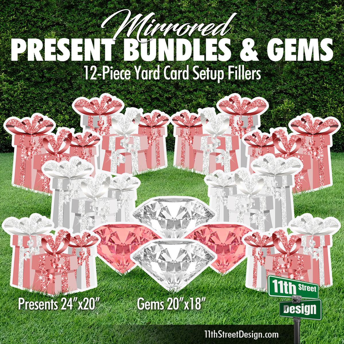 Rose Gold White Present Bundles and Gems - Mirrored Yard Card Setup Fillers