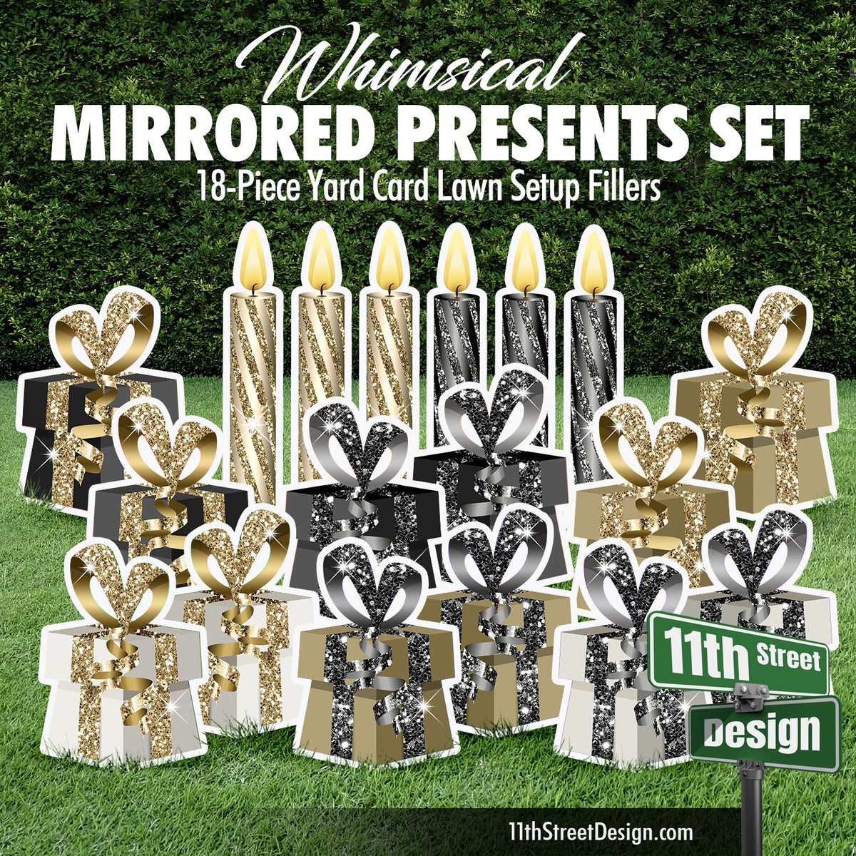 Whimsical Mirrored Presents &amp; Candles Set - Black &amp; Gold