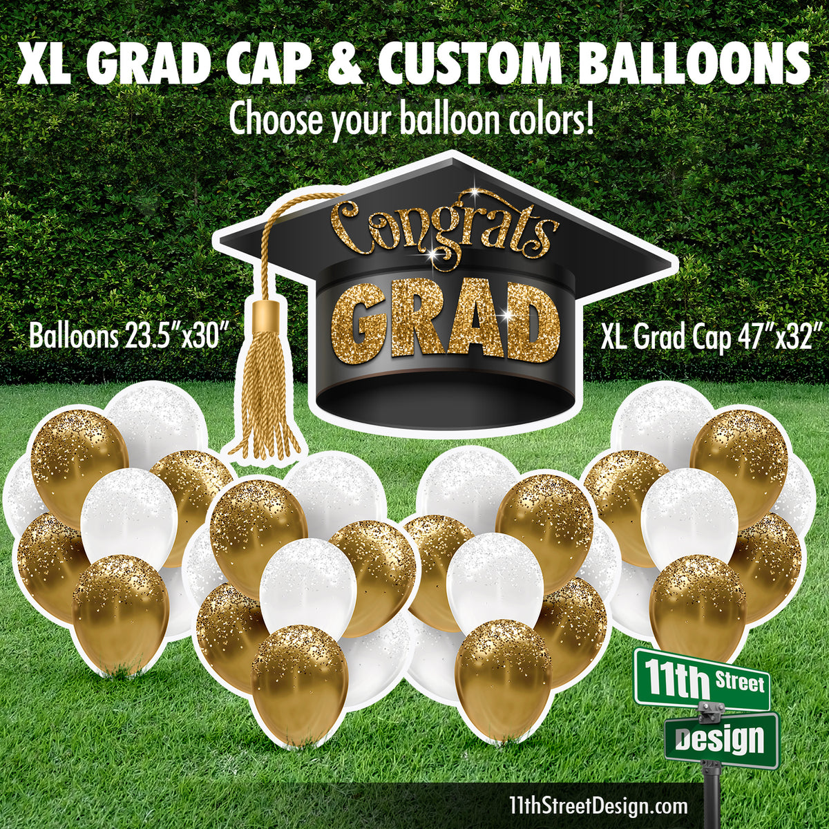 XL Grad Cap &amp; Custom Balloons - Choose Balloons Colors From Color Chart - Yard Card Setup Fillers