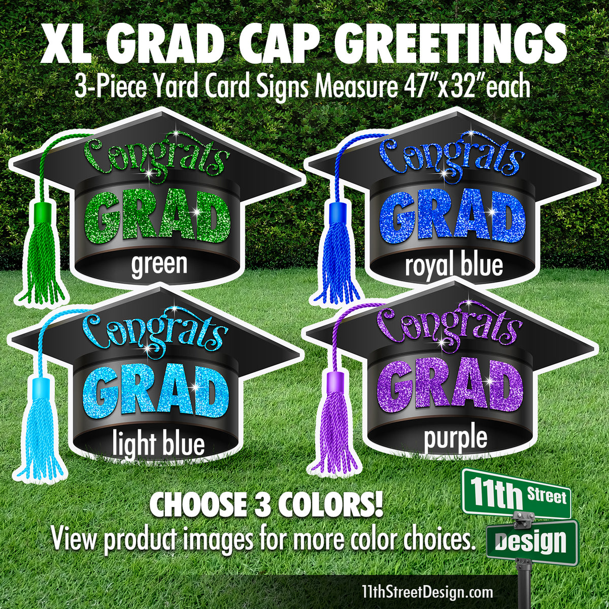 XL Grad Cap Greetings Yard Card Setup Signs for Graduations - Choose your colors!