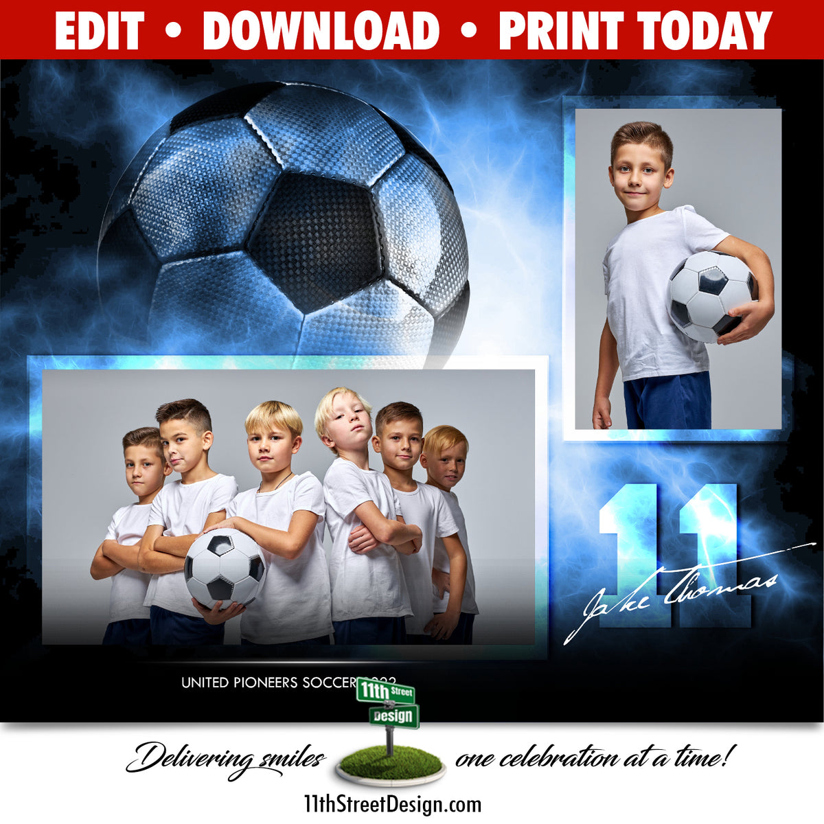 Soccer Memory Mates • Online Editable 8x10 Sport Team Photo Template • Print Today • Digital Download • DIY Printable • Electric Explosion
