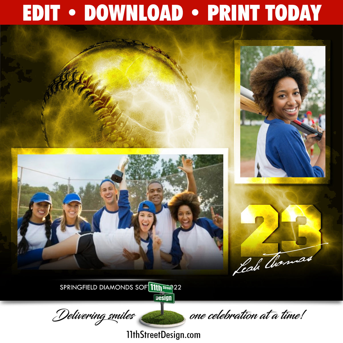 Softball Memory Mates • Online Editable 8x10 Sport Team Photo Template • Print Today • Digital Download • DIY Printable • Electric Explosion