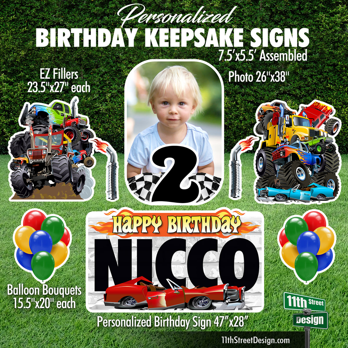 Personalized Monster Trucks Birthday Photo Lawn Signs, The Perfect Yard Decor For Your Party, Weatherproof for outside displays