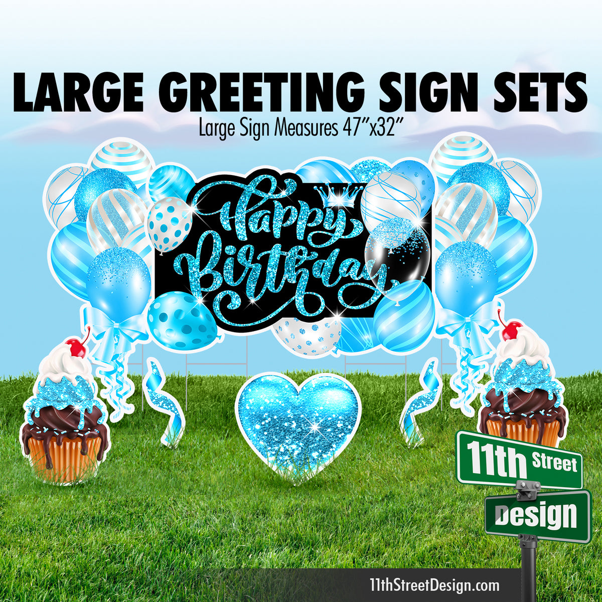 Happy Birthday Large Greeting Sign Flair Set - Baby Blue
