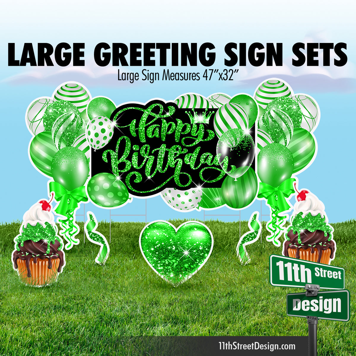 Happy Birthday Large Greeting Sign Flair Set - Green