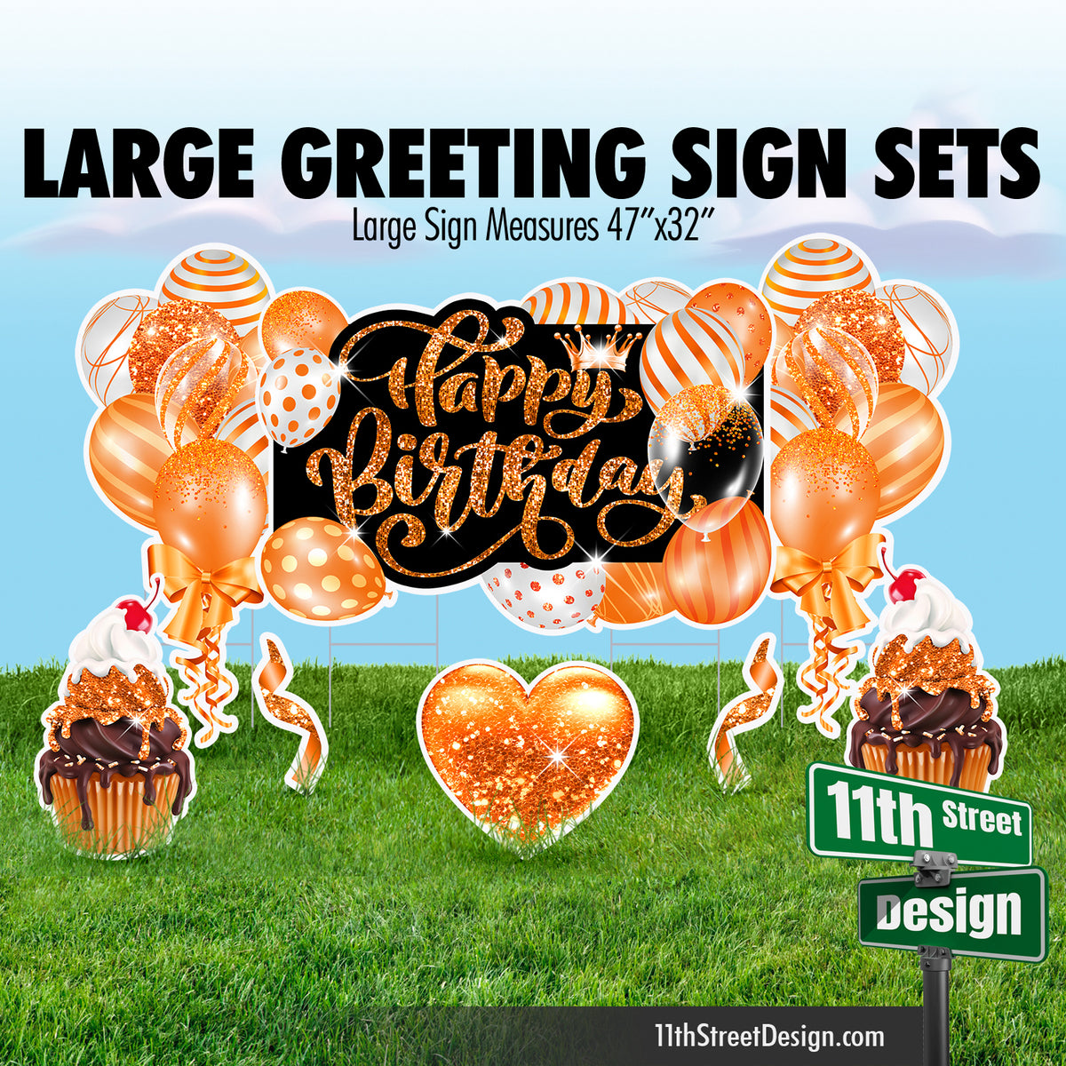 Happy Birthday Large Greeting Sign Flair Set - Orange