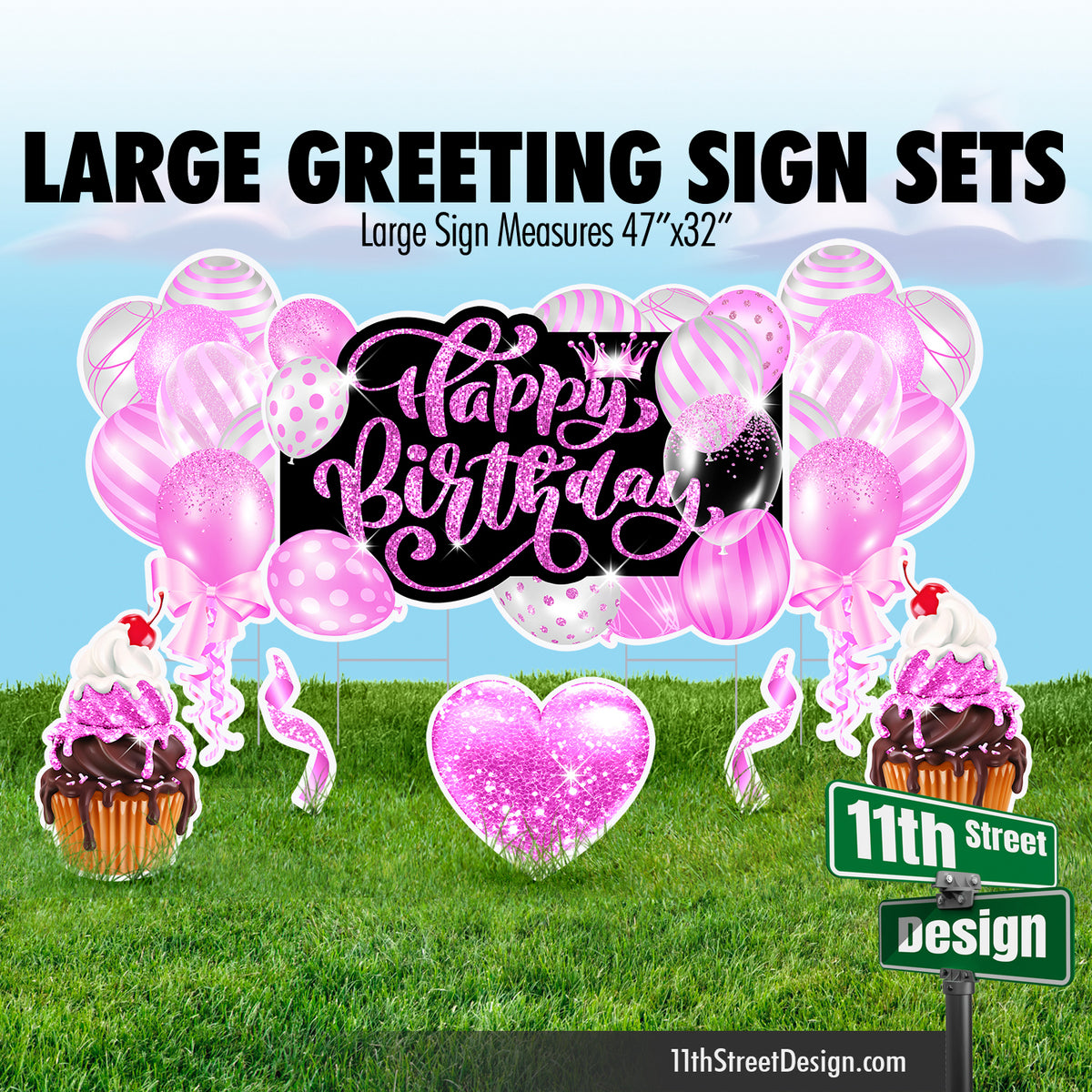 Happy Birthday Large Greeting Sign Flair Set - Pink