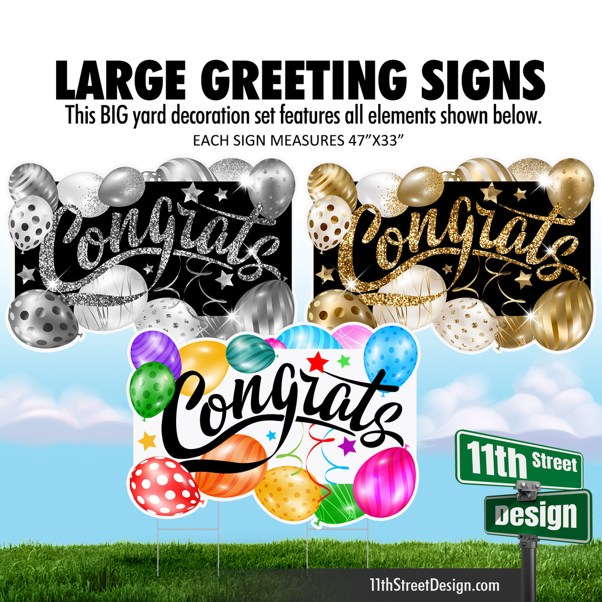 Congrats Large Greeting Signs - Balloons Gold, Silver &amp; Multi Color