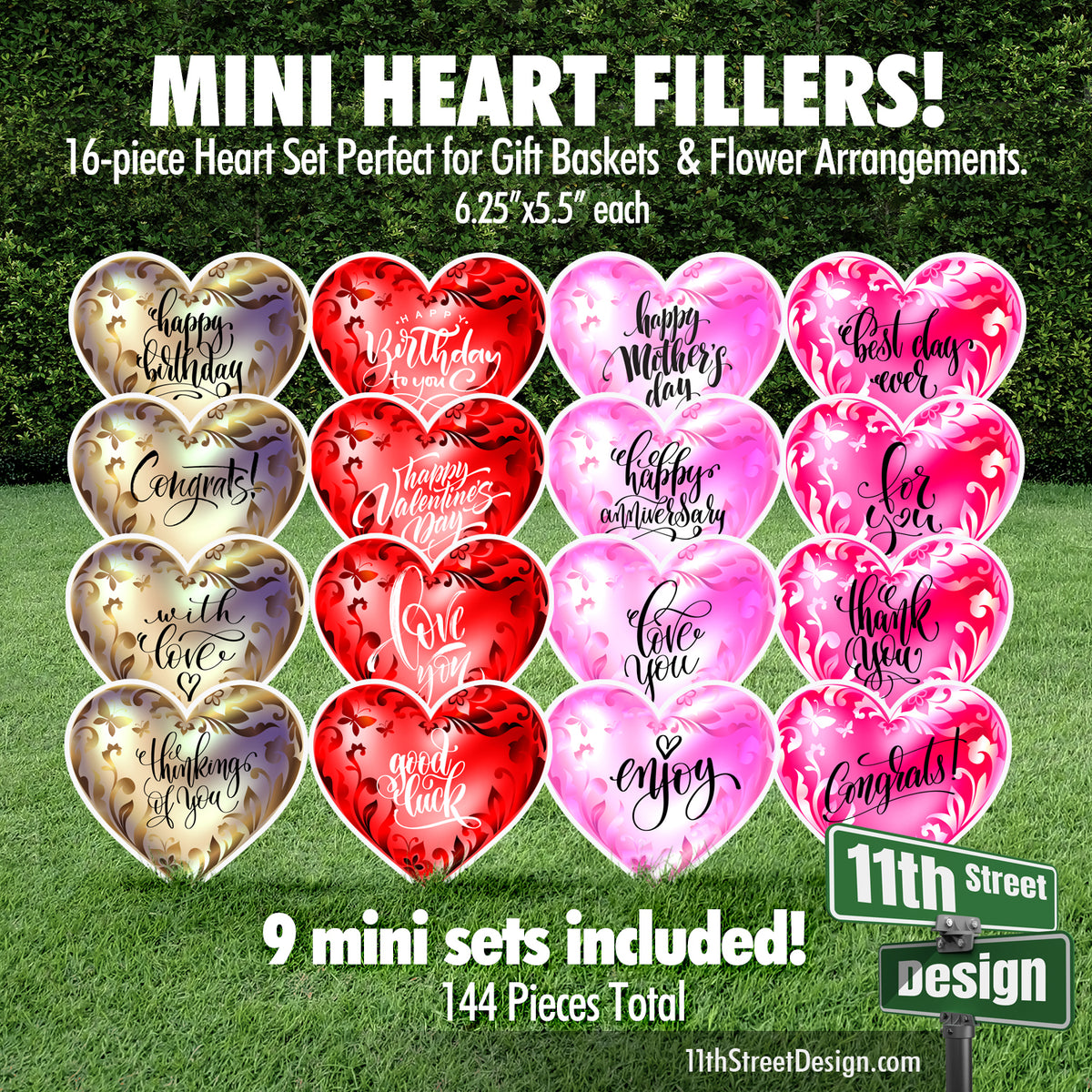 144-piece Mini Greeting Hearts Set -  Perfect for Holiday Baskets or Floral Arrangements