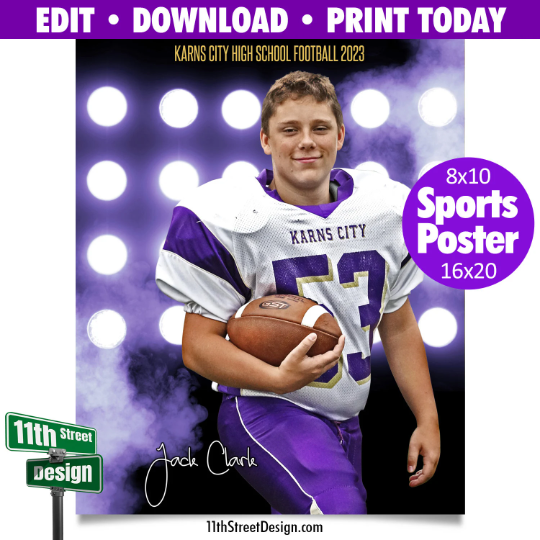 Sports Poster • Edit Now Online • Print Today • Digital Download • Custom Sports Photos • Senior Day Night Poster • Flood Lights Football Template