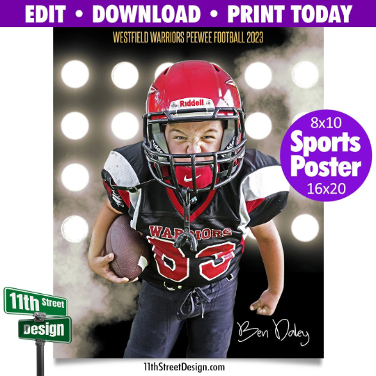 Sports Poster • Edit Now Online • Print Today • Digital Download • Custom Sports Photos • Senior Day Night Poster • Flood Lights Football Template