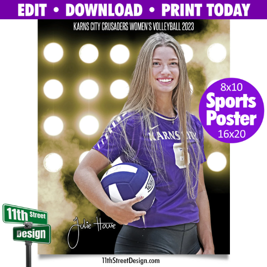 Sports Poster • Edit Now Online • Print Today • Digital Download • Custom Sports Photos • Senior Day Night Poster • Flood Lights Volleyball Template