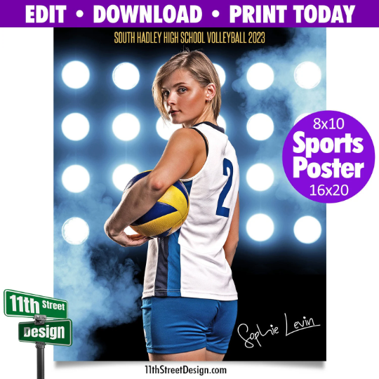 Sports Poster • Edit Now Online • Print Today • Digital Download • Custom Sports Photos • Senior Day Night Poster • Flood Lights Volleyball Template