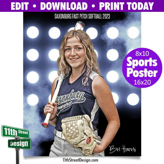 Sports Poster • Edit Now Online • Print Today • Digital Download • Custom Sports Photos • Senior Day Night Poster • Flood Lights Softball Template