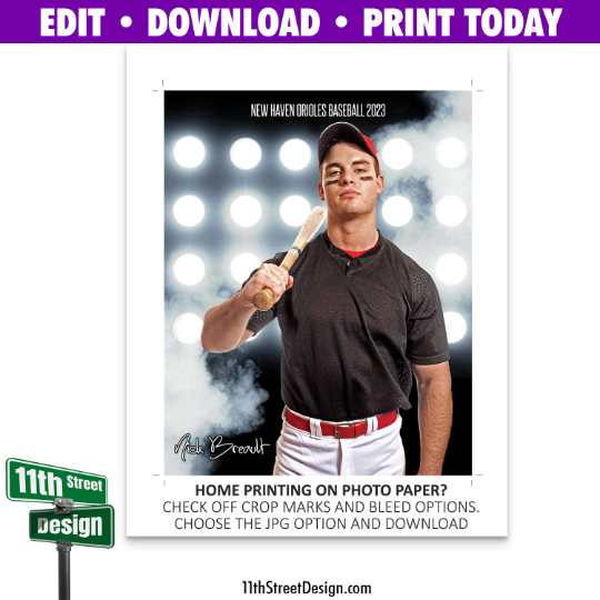 Sports Poster • Edit Now Online • Print Today • Digital Download • Custom Sports Photos • Senior Day Night Poster • Flood Lights Baseball Template